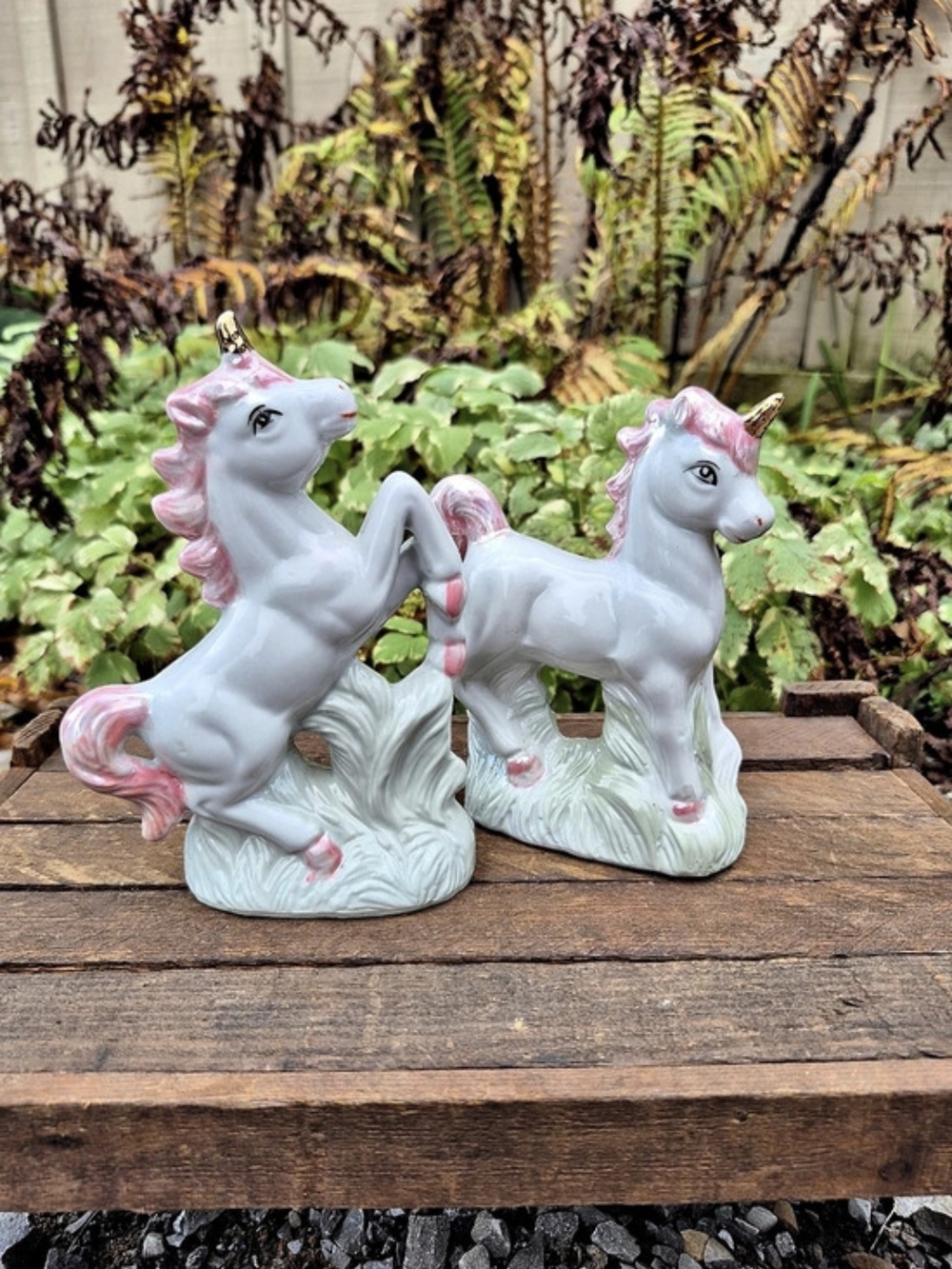 Vintage 80s Iridescent Lusterware Ceramic Unicorn Figurines Matching Set of 2